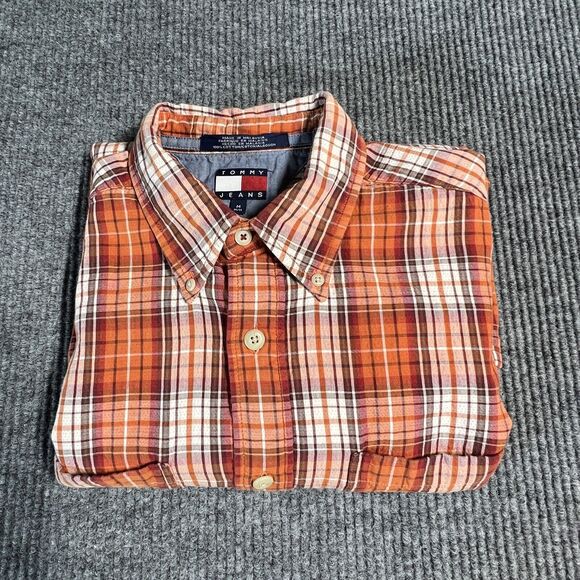 VTG TOMMY Jeans HILFIGER Shirt Mens Medium Orange Plaid Quilted Lined LS Button - Picture 16 of 16